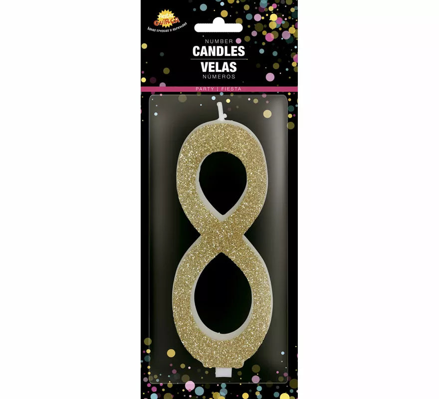 Vela Escarchada Oro Número 8, de 12.5 cm