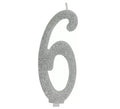 Vela Escarchada Plata Número 6, de 12.5 cm