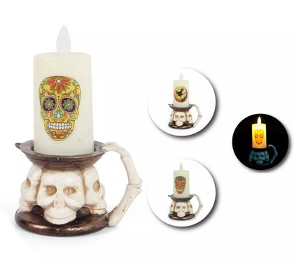 Vela Halloween con base Calavera en modelos surtidos con luz de 9,3x14,3 cm