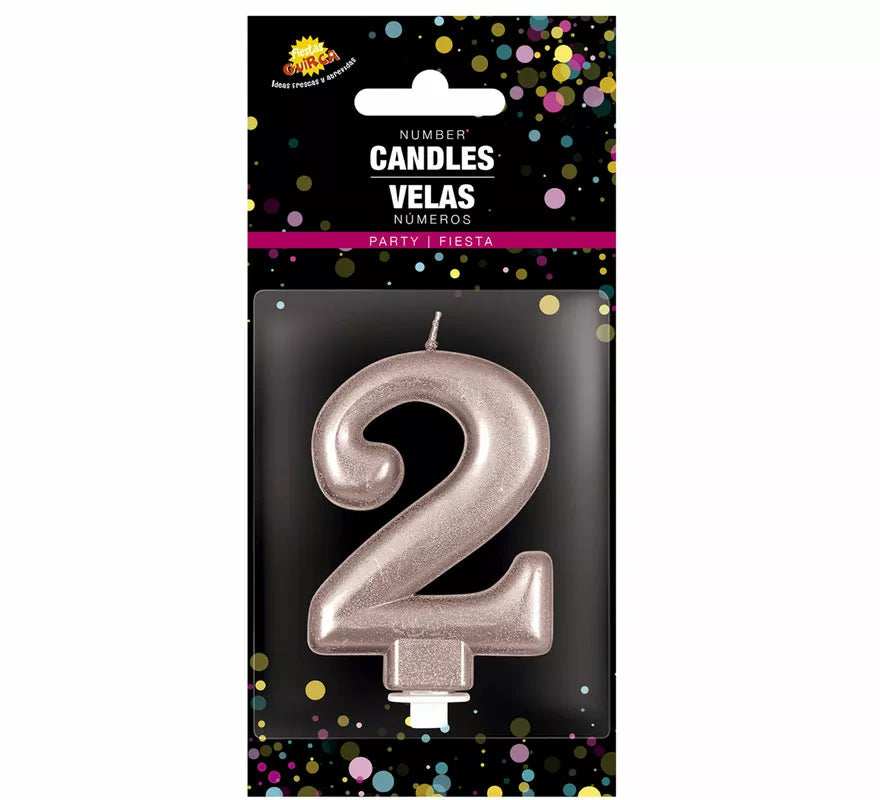 Vela Metalizada Oro y Rosa Número 2, de 8 cm