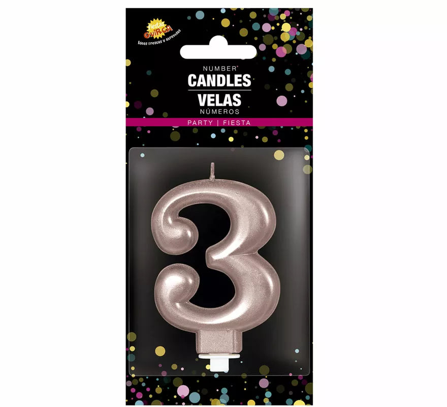 Vela Metalizada Oro y Rosa Número 3, de 8 cm