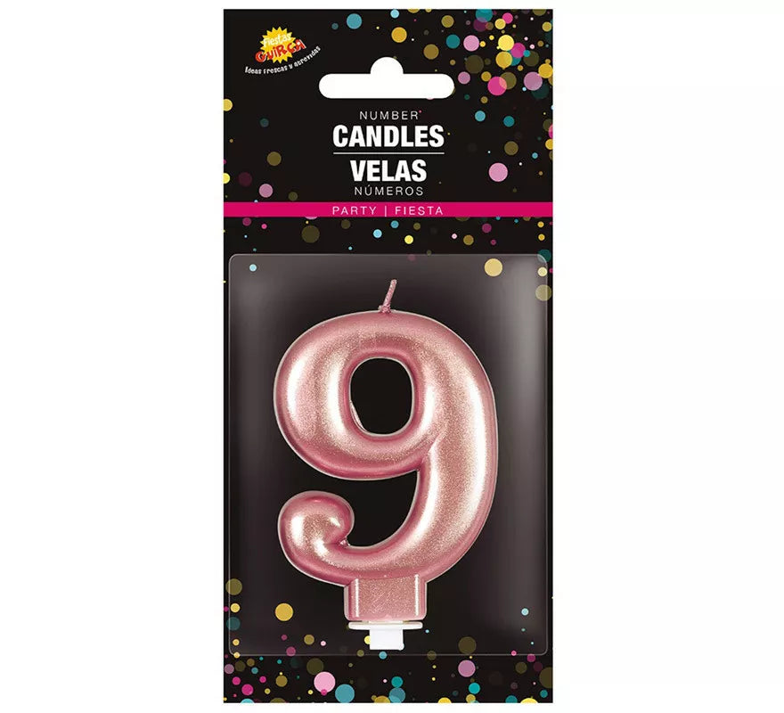 Vela Metalizada Oro y Rosa Número 9, de 8 cm