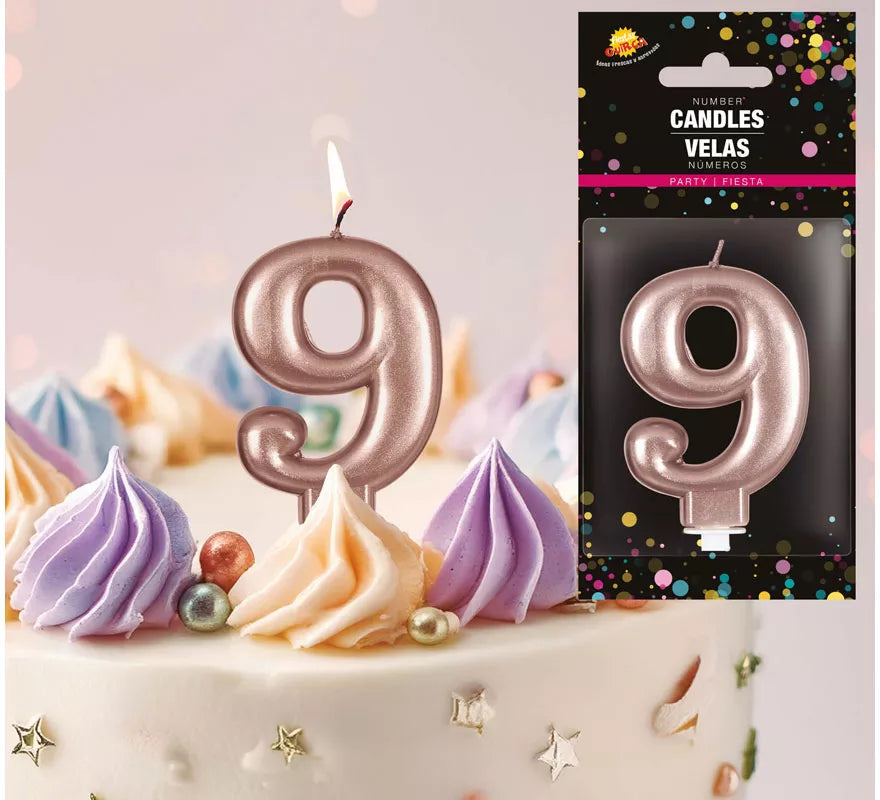 Vela Metalizada Oro y Rosa Número 9, de 8 cm