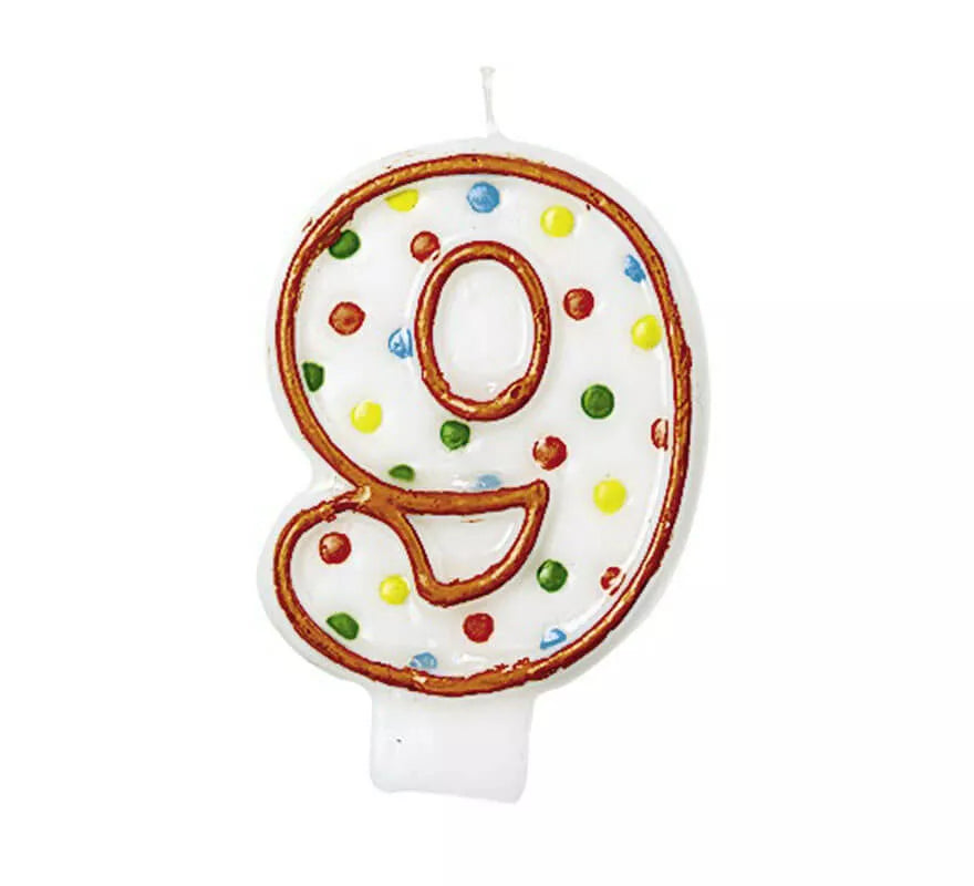 Vela Puntitos de colores con el número 9 para cumpleaños
