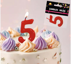Red candle with the number 5 for birthday