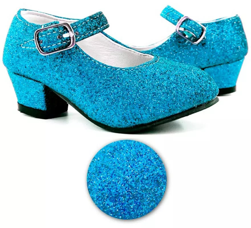 Zapato Sevillana con tacón Azul Turquesa Purpurina en números del 22 al 41
