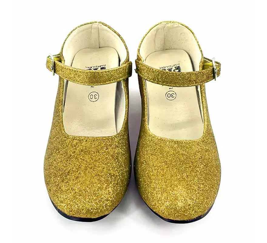 Translation missing: en.Zapato Sevillana con tacón Dorado Purpurina en números del 22 al 41
