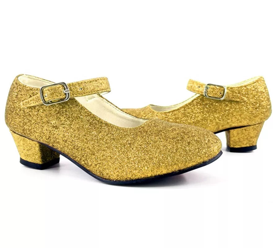 Translation missing: en.Zapato Sevillana con tacón Dorado Purpurina en números del 22 al 41