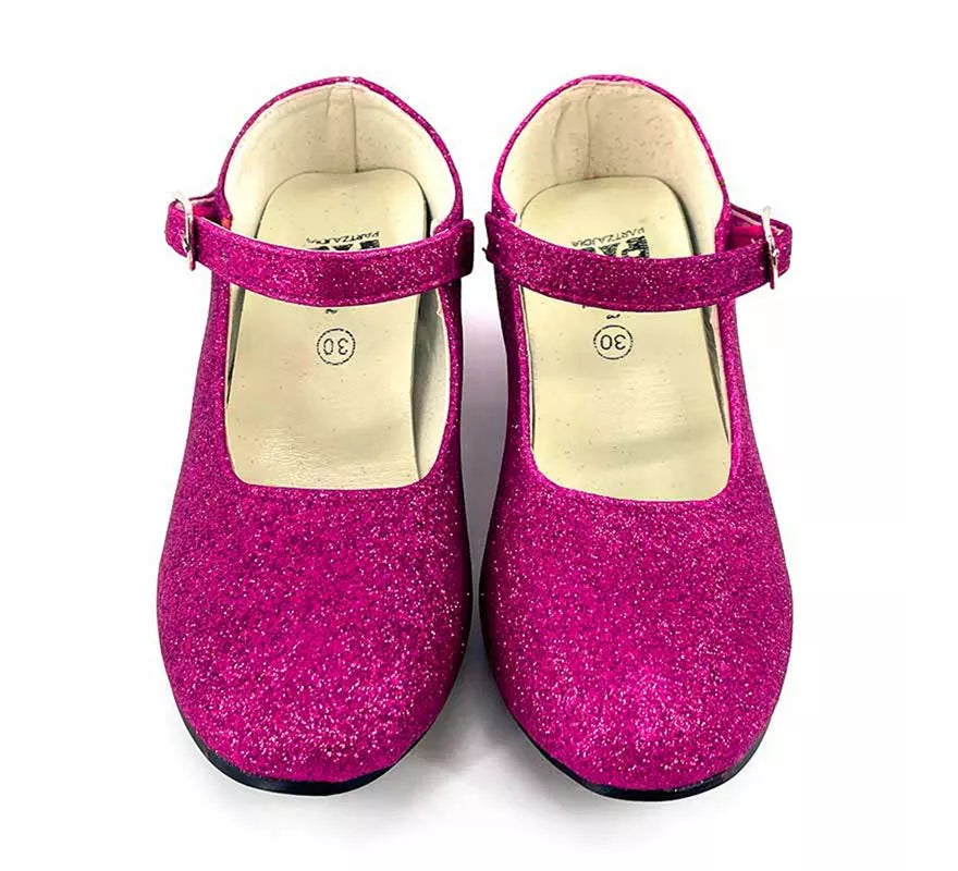 Zapato Sevillana con tacón Fucsia Purpurina en números del 22 al 41