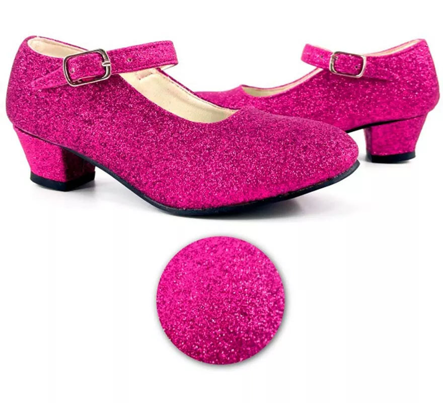 Zapato Sevillana con tacón Fucsia Purpurina en números del 22 al 41