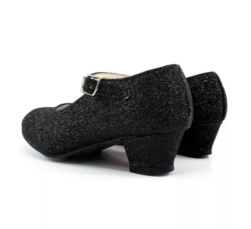 Zapato Sevillana con tacón Negro Purpurina en números del 22 al 41
