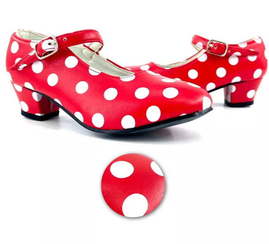 Translation missing: en.Zapato Sevillana con tacón Rojo con lunares Blancos en números del 22 al 41