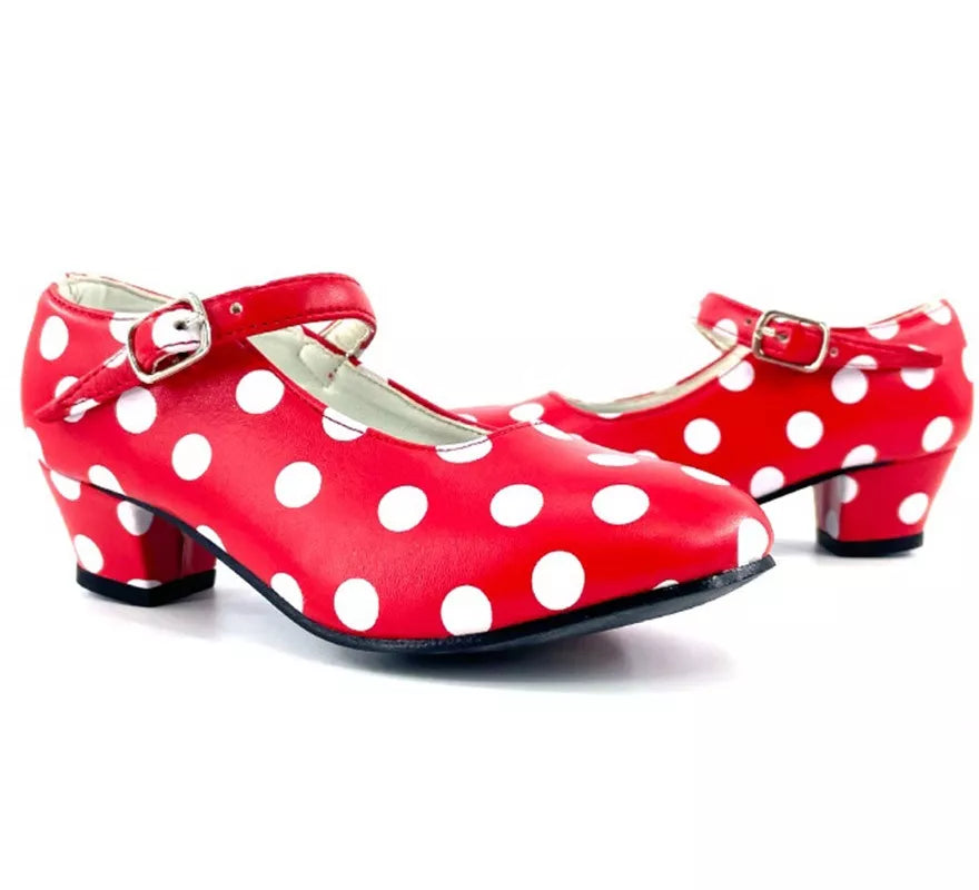 Translation missing: en.Zapato Sevillana con tacón Rojo con lunares Blancos en números del 22 al 41