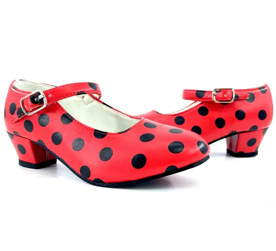 Zapato Sevillana con tacón Rojo con lunares Negros en números del 22 al 41
