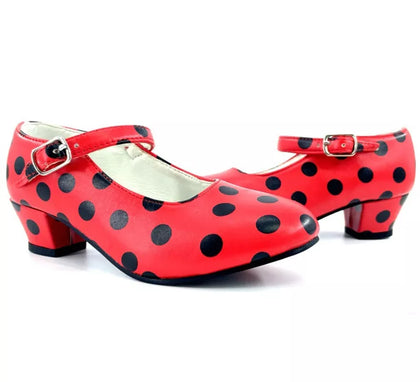 Zapato Sevillana con tacón Rojo con lunares Negros en números del 22 al 41
