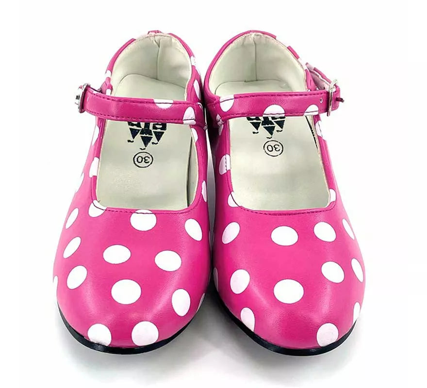 Zapato Sevillana de tacón Fucsia con lunares Blancos números del 22 al 41