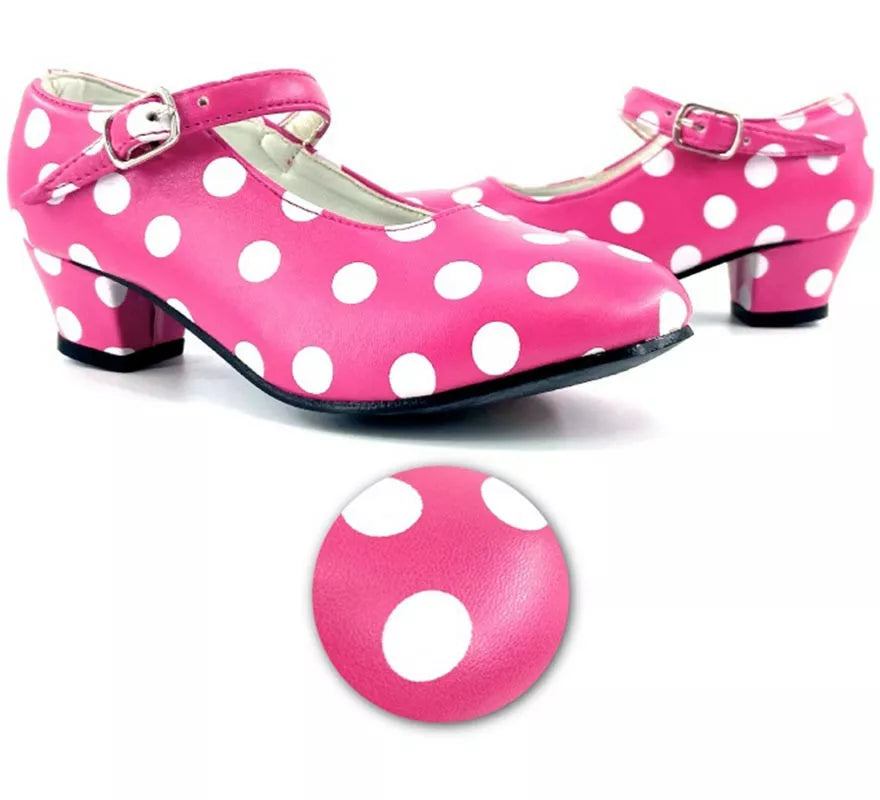 Zapato Sevillana de tacón Fucsia con lunares Blancos números del 22 al 41