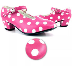 Sevillana shoe with Pink heel with White polka dots in numbers from 22 to 41