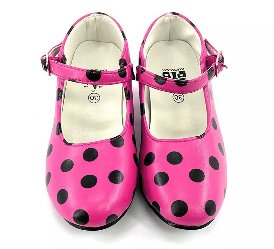 Translation missing: es.Zapato Sevillana con tacón Fucsia con lunares Negros números del 22 al 41