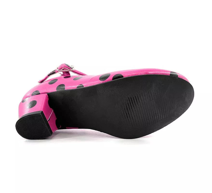 Zapato Sevillana con tacón Fucsia con lunares Negros números del 22 al 41