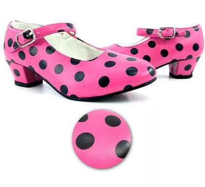 Zapato Sevillana con tacón Fucsia con lunares Negros números del 22 al 41