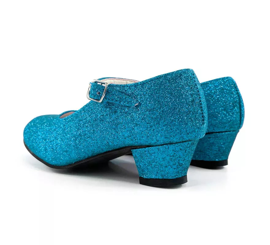Zapato Sevillana con tacón Azul Turquesa Purpurina en números del 22 al 41