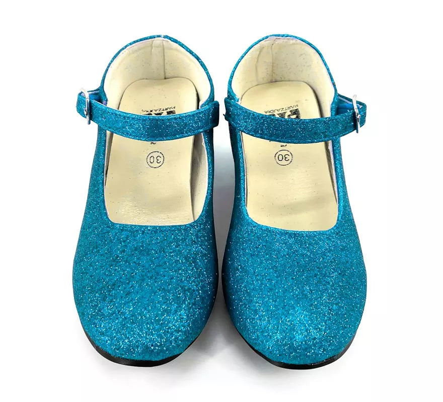 Zapato Sevillana con tacón Azul Turquesa Purpurina en números del 22 al 41
