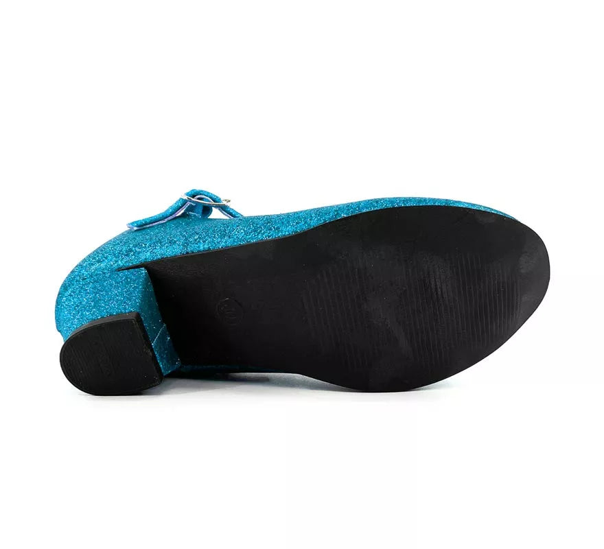 Zapato Sevillana con tacón Azul Turquesa Purpurina en números del 22 al 41